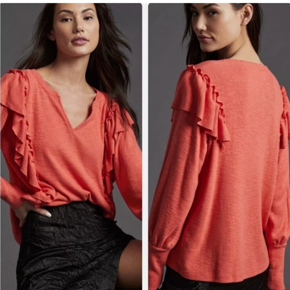 NWT Pilcro Anthropologie‎ vermillion red Ruffle cozy knit sweater boho comfy